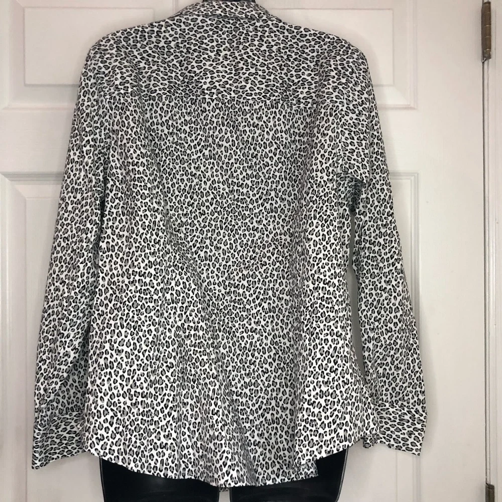TALBOTS No Iron gray black white leopard print long sleeve button down size 14W